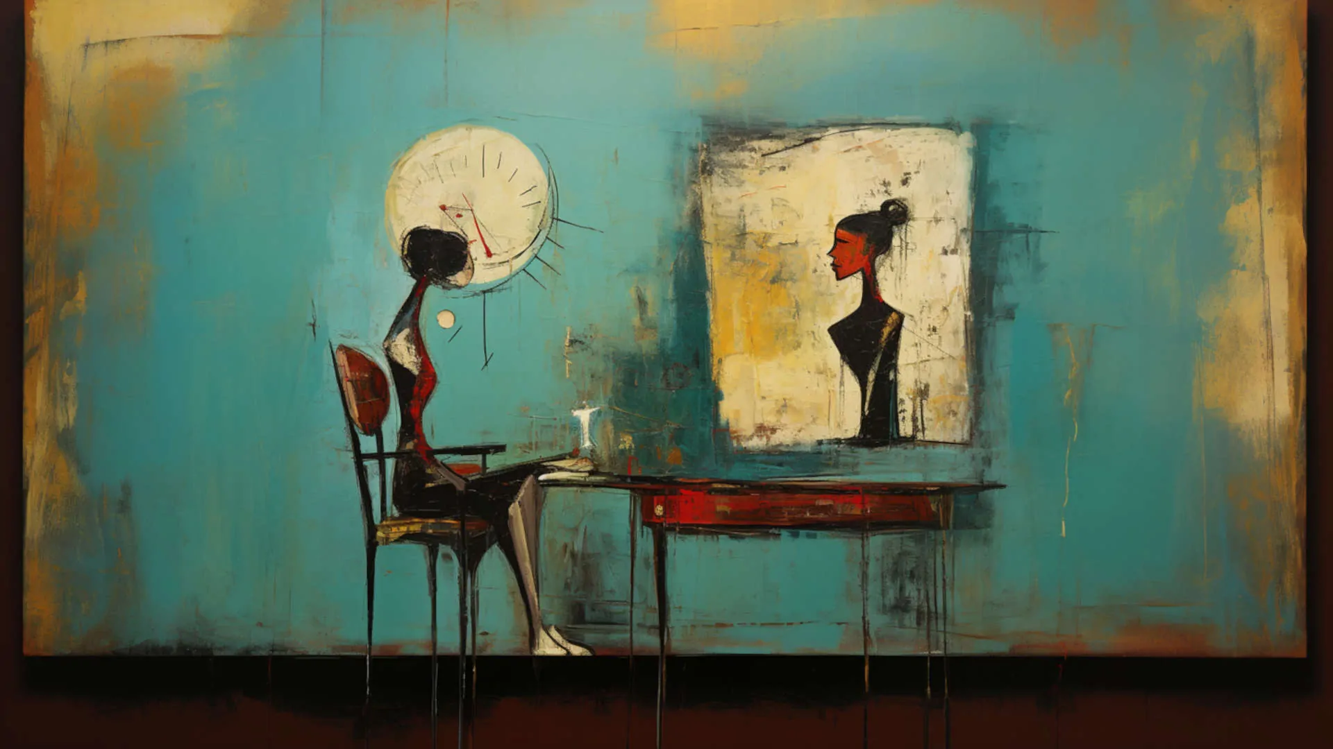 Modern painting of woman sitting in front of a mirror and looking at her reflection