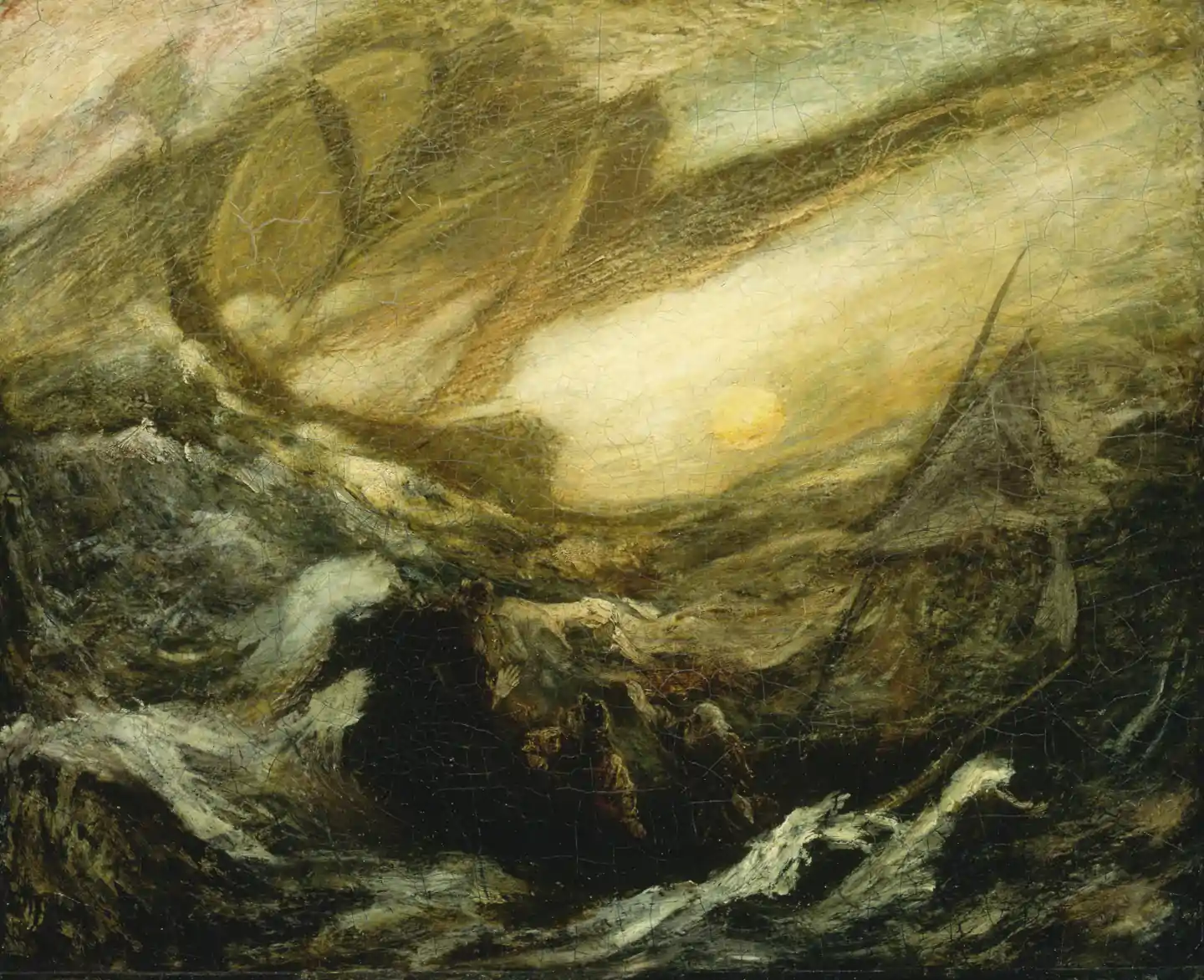 "The Flying Dutchman" by Albert Pinkham Ryder, depicts a ghostly sailing ship enveloped in a turbulent, ominous seascape under a dark, stormy sky.