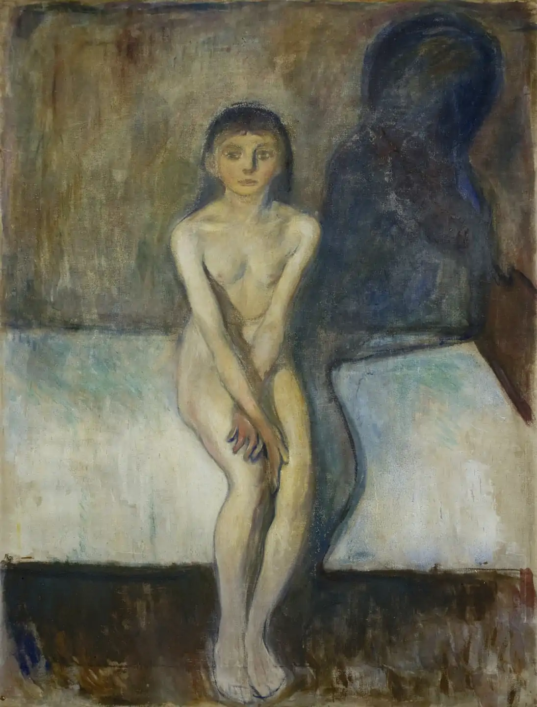 "Puberty" by Edvard Munch depicts a young girl sitting naked on the edge of a bed.