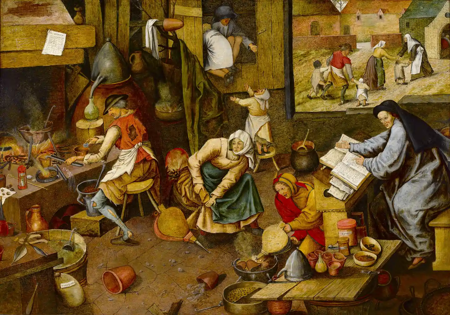 "The Alchemist" by Pieter Bruegel the Elder depicts a chaotic and detailed interior where an alchemist is focused on turning base metals into gold, surrounded by disorderly scientific equipment and family members suffering from poverty, symbolizing the folly of greed and obsession with unattainable goals.