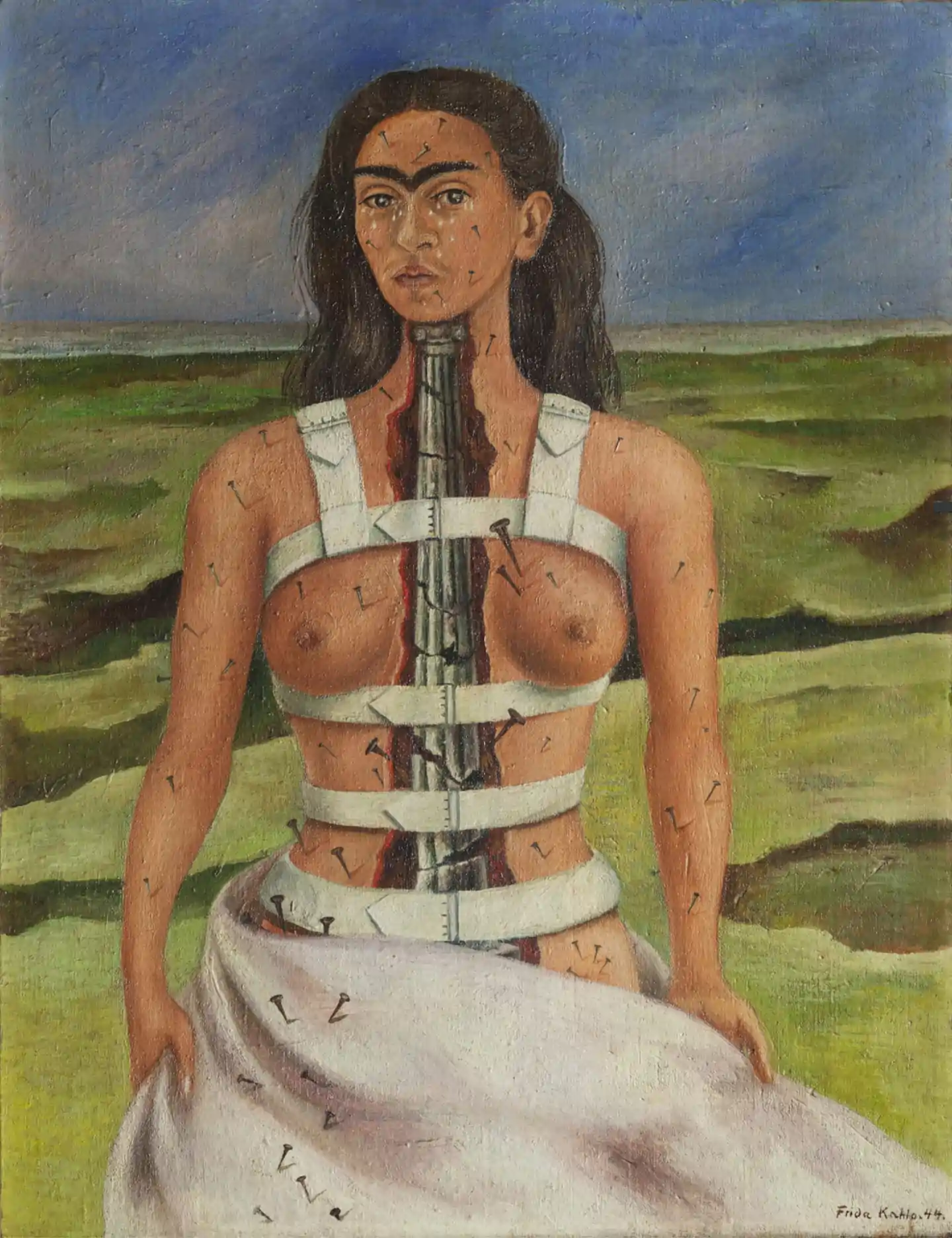 Frida Kahlo's painting "The Broken Column". The painting depicts the artist's torso split open, revealing a shattered column within, representing her suffering from severe physical pain and the numerous surgeries she endured after a bus accident. She stands amidst a desolate landscape, tears streaming down her face, conveying the emotional and physical anguish she experienced.